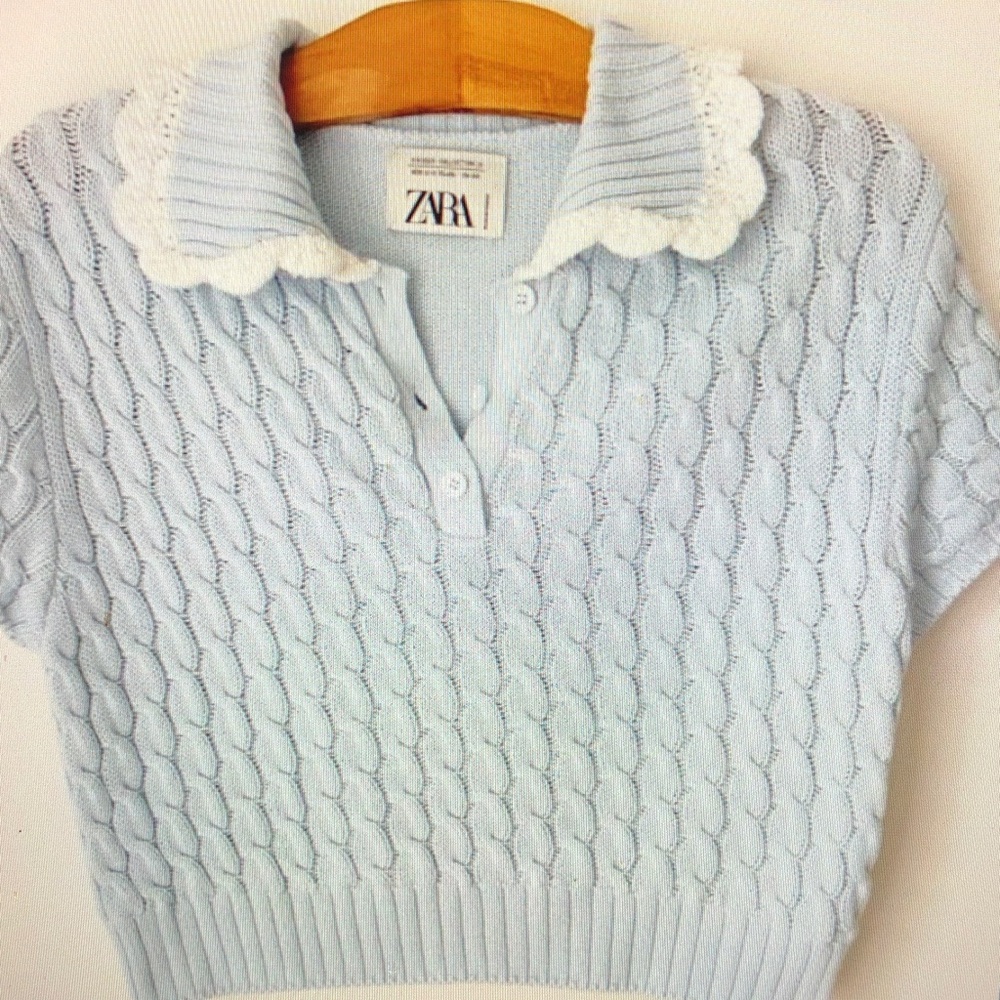 Zara Sky Blue Knit Top with White Collar